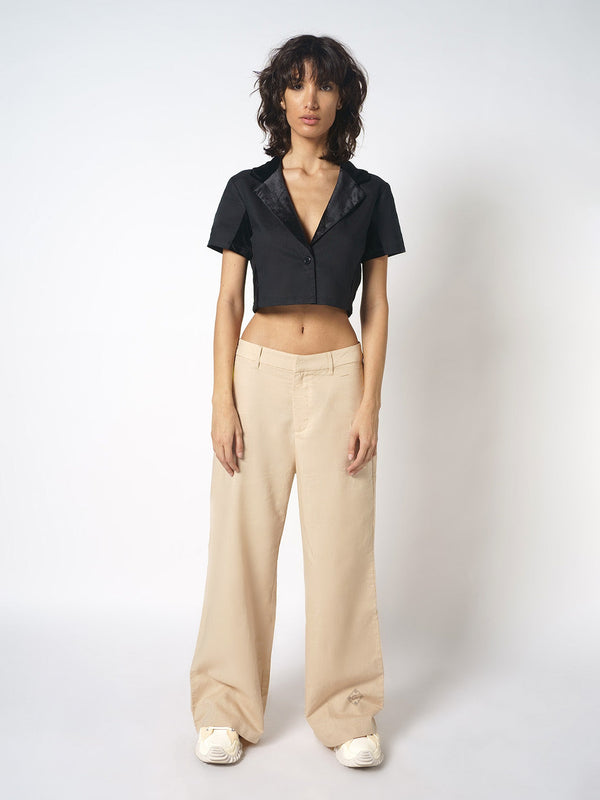 Pantalon en lin beige à taille haute et jambe large