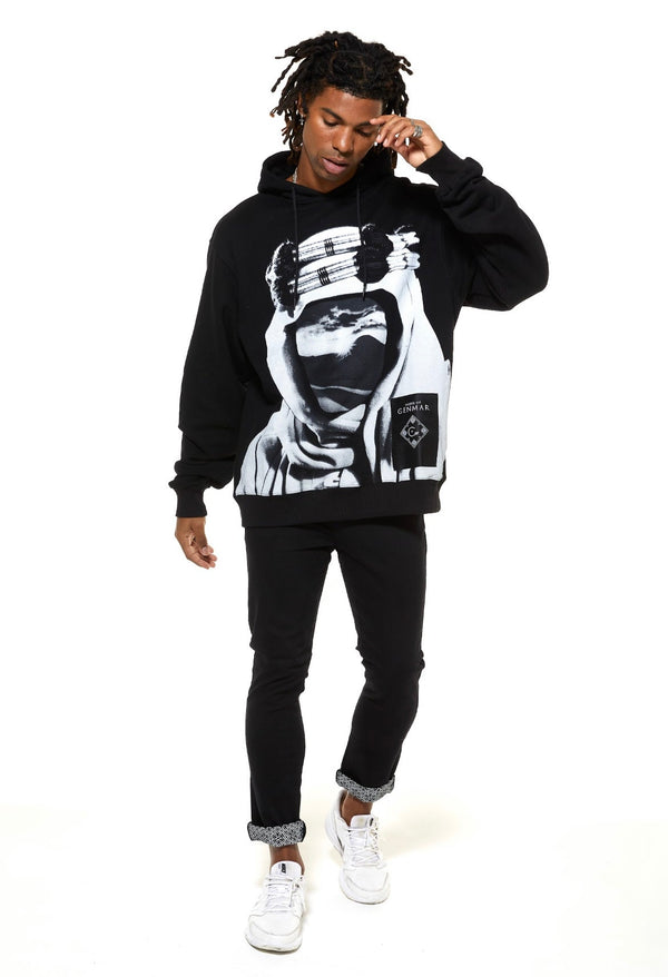 Black Graphic Hoodie With Man Face Artwork Print