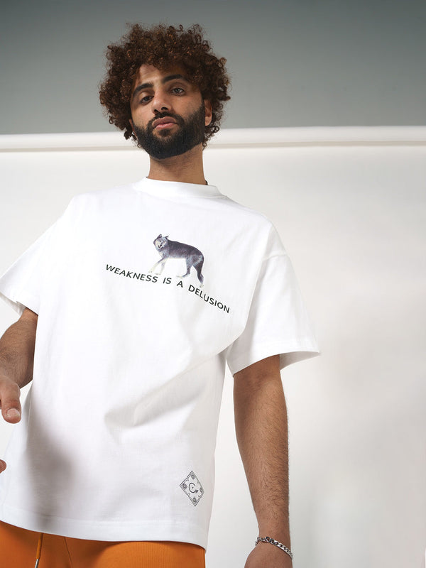 White Weakness Is A Delusion With Wolf Artwork Print T-Shirt