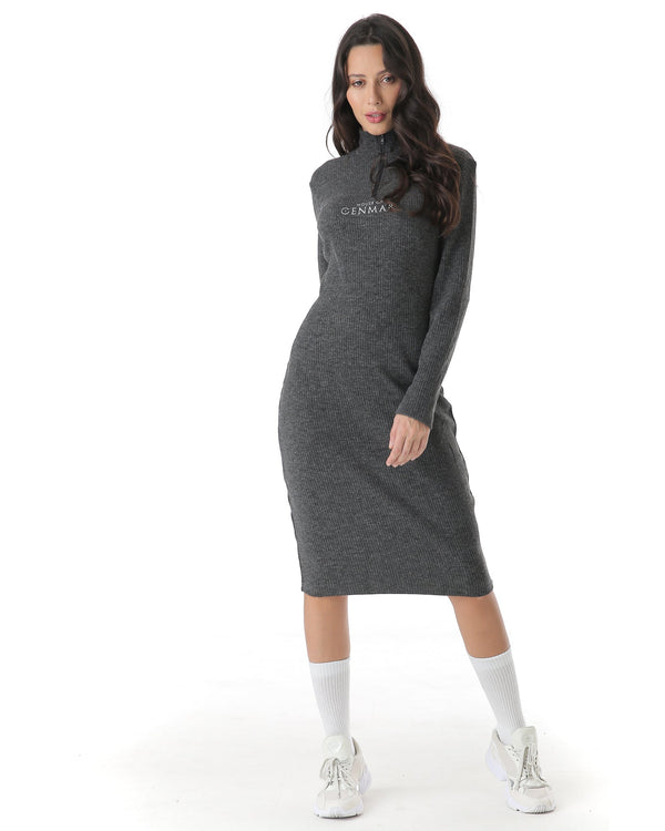 Gray Knit Bodycon Dress With Zip Detailing