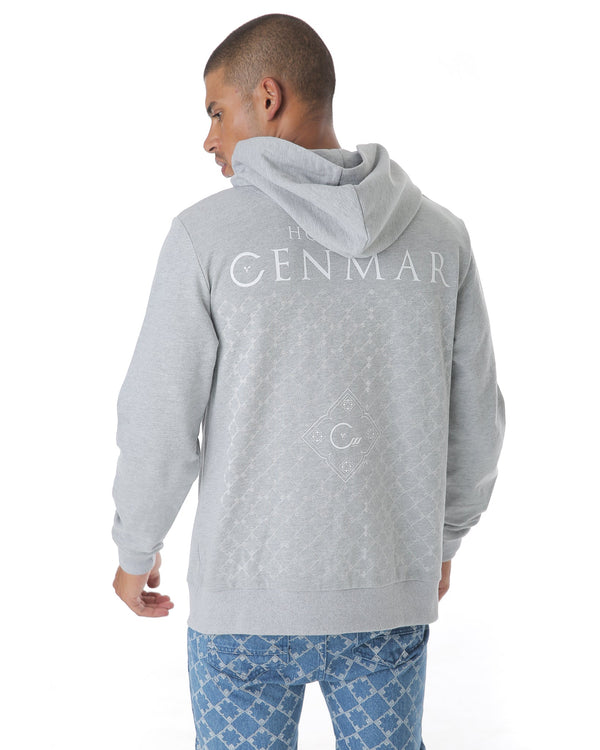 Sweat à capuche gris soutenu par notre motif Cenmar de style signature