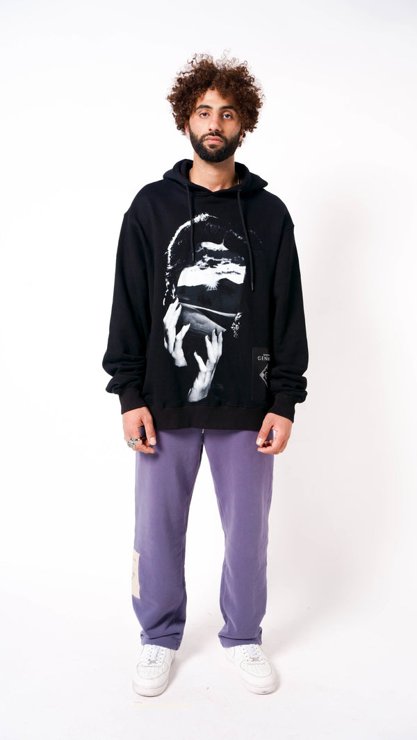 Black Graphic Hoodie With Women Face Artwork Print