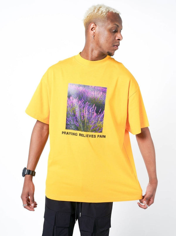 Yellow T-Shirt With Printed Lavender Artwork