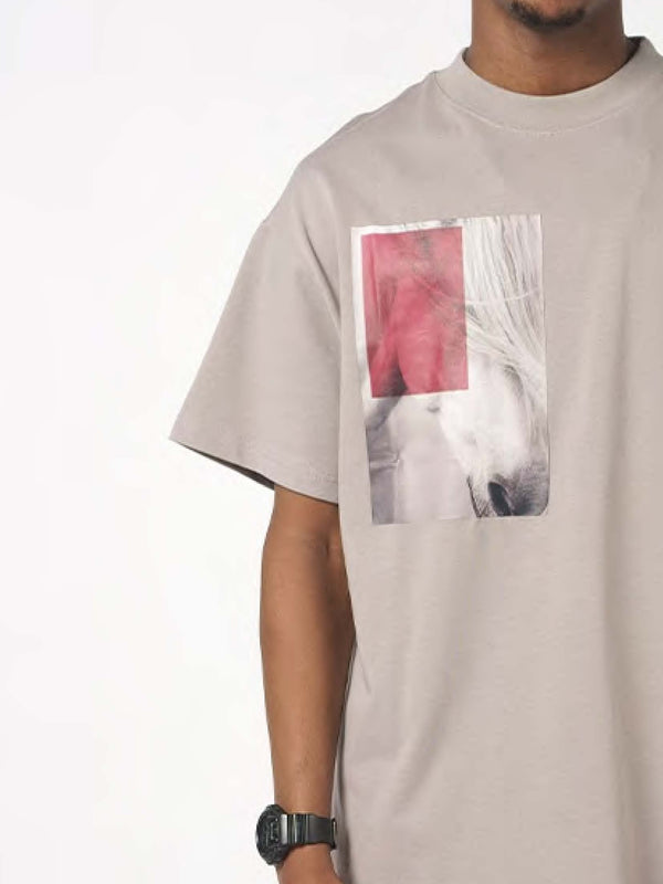 Gray T-Shirt With Horse Artwork Printed Picture