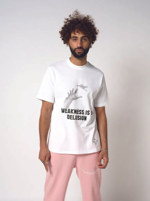 Camiseta blanca con estampado de ilustraciones Weakness Is A Delusion