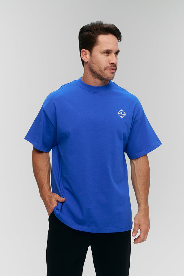 T-shirt blu con motivo artistico Cenmar sulla schiena