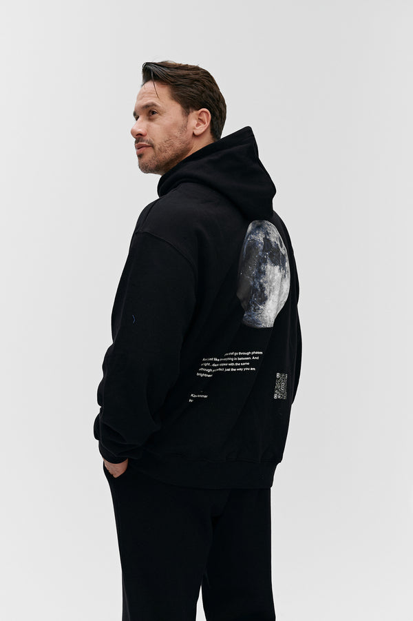 Black hoodie with Cenmar moon artwork print